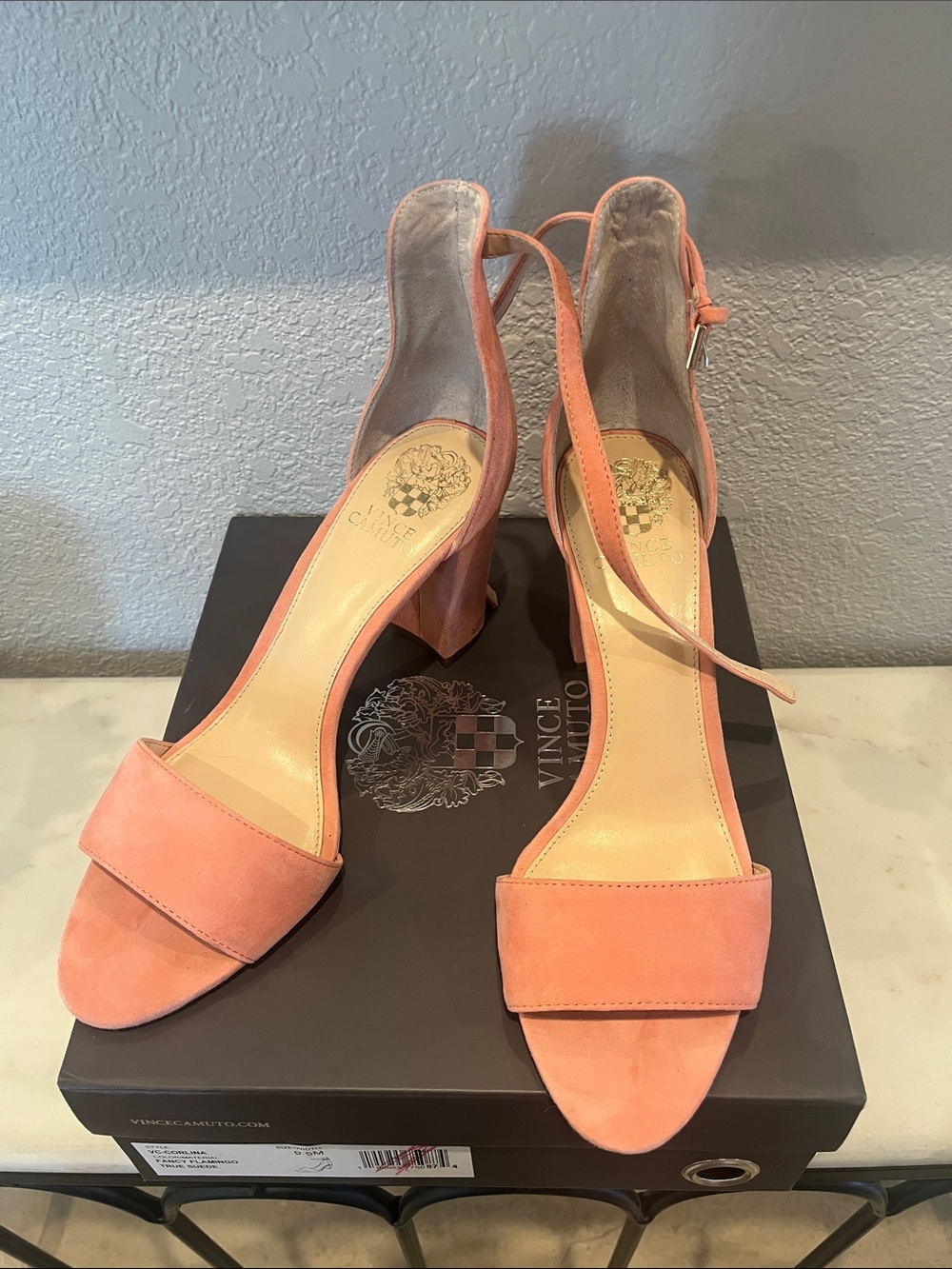 Vince Camuto Flamingo Pink Suede Block Heel Sandals - Picture 3 of 7